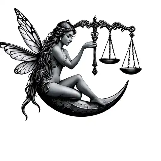 fairy sitting on a moon holding the libra scales  tattoo design idea