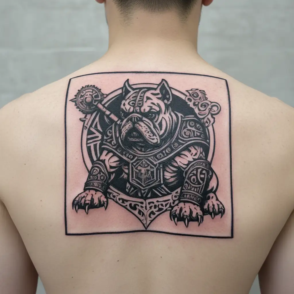A tattoo design combining elements of Hungarian ancestry with Viking culture, featuring a bulldog adorned with steel armor and wooden shield, set against a historical backdrop tattoo design idea