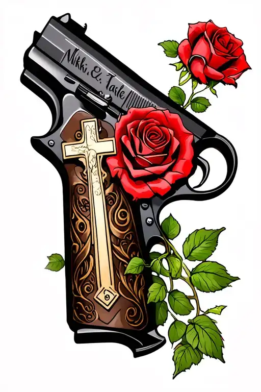 "Nikki, Hailey & Taylor" 2011 pistol with a cross on the grip, a red rose with a vine wrapped around the slide.  tattoo design idea