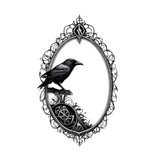 oval shaped with gothic raven inside with black lace and arcane symbols incorporated tattoo design idea