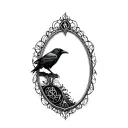 oval shaped with gothic raven inside with black lace and arcane symbols incorporated tattoo design idea