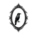 oval shaped with gothic raven inside with black lace and arcane symbols incorporated tattoo design idea