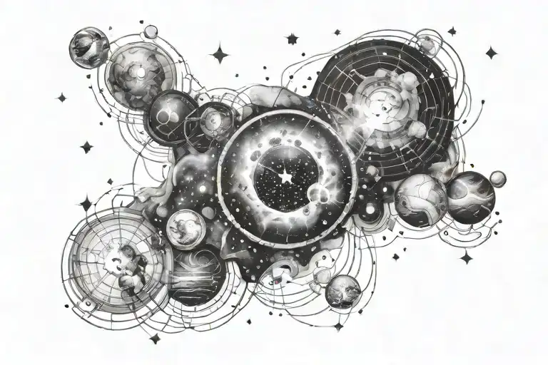 A realistic depiction of a nebula in space, with hidden alchemical symbols and zodiac constellations subtly incorporated into the design tattoo design idea