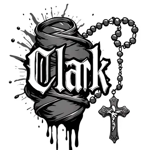 Clark written vertically with a rosary wrapped around it bleeding an a cross at the end of the name tattoo design idea