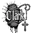 Clark written vertically with a rosary wrapped around it bleeding an a cross at the end of the name tattoo design idea