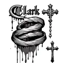 Clark written vertically with a rosary wrapped around it bleeding an a cross at the end of the name tattoo design idea