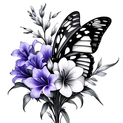 butterfly, gladiolus flower, violet flower bouquet tattoo design idea