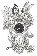 Scales of libra and constilaton of libra around it, roses and lotus, butterfly and angel wings tattoo design idea