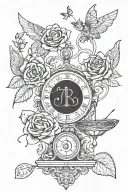 Scales of libra and constilaton of libra around it, roses and lotus, butterfly and angel wings tattoo design idea