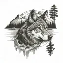 wolf with mountain and forest mountain beach and reflection in the water tattoo design idea