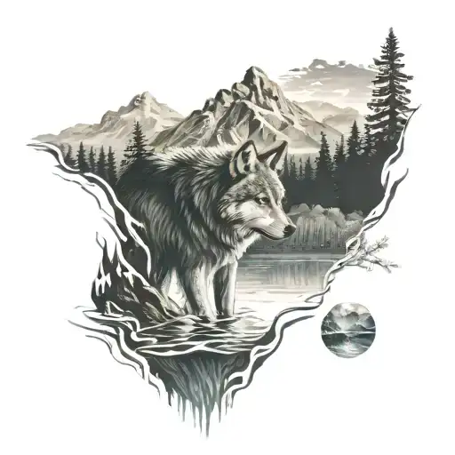 wolf with mountain and forest mountain beach and reflection in the water tattoo design idea