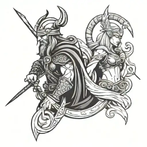 viking male and witch female with scorpio symbol and virgo symbol  tattoo design idea