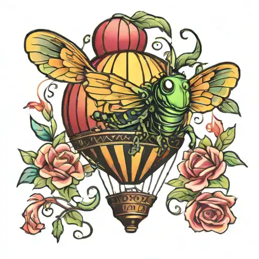 grass hopper hot air balloon floating tattoo design idea