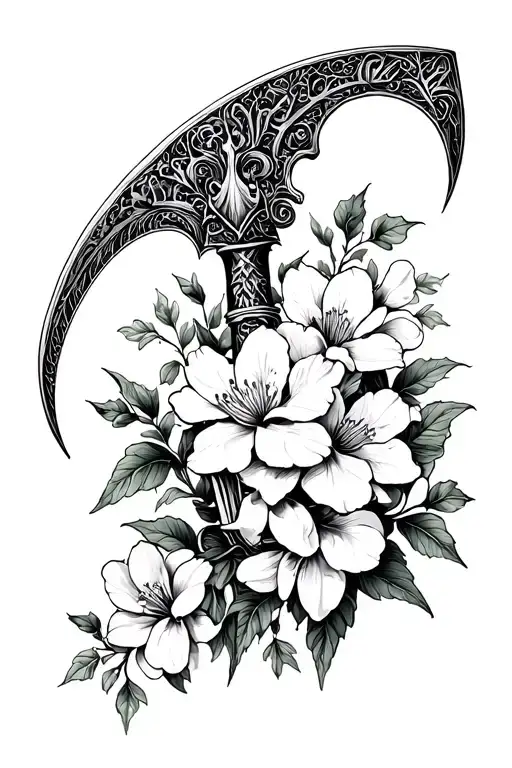 gothic century scythe with azalea and magnolia flowers surrounding it tattoo design idea