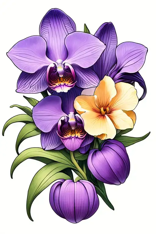 Create a tattoo drawing of open tulips and orchids that wrap around half the arm with the flowers being purple and the l tattoo design idea