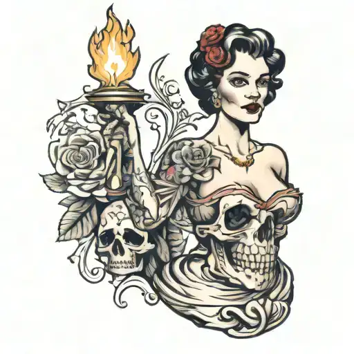 A lady in dress holding a torch up with her both hands while standing over skull tattoo design idea