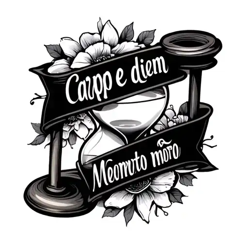 A hourglass with written in style cursive carpe diem memento mori tattoo design idea