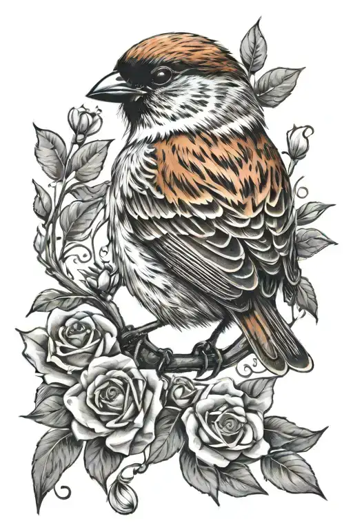 Little Housesparrow bird Music shoulder tattoo that also represents Love, Loyality and Friendship. tattoo design idea