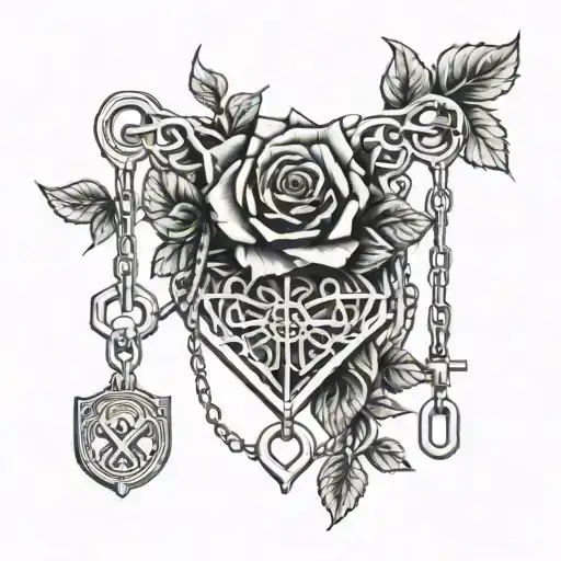 a romantic themed image with roses, chains, padlocks, keys and hearts. tattoo design idea