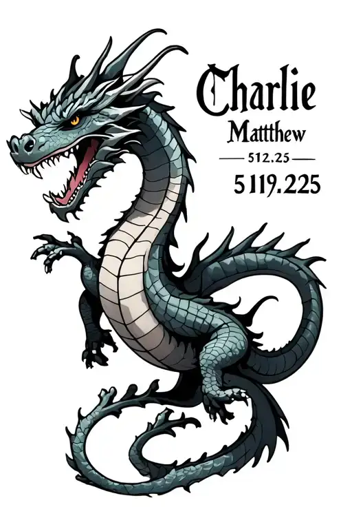 "Charlie Matthew 5/19/25" dragon and hawthorn  tattoo design idea