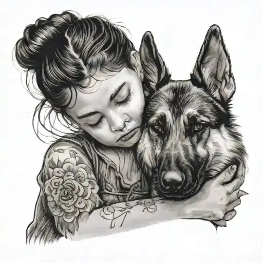 young mexican girl with thick eye lashes hugging a german shepard puppy with her eyes closed and sad tattoo design idea