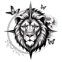 lions face with compass and flowers and butterflies tattoo design idea