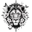 lions face with compass and flowers and butterflies tattoo design idea