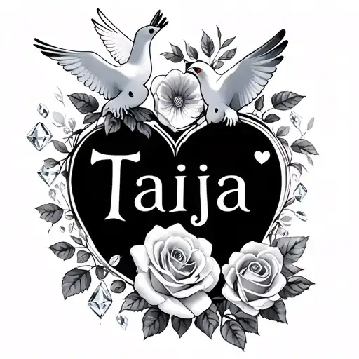 "Taija " flowers blooming with doves hearts roses diamonds baby foot print and vines tattoo design idea