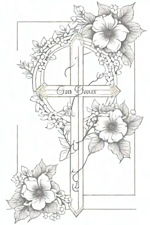 feminim and flowers intertwined in a cross with psalm 46:5 bible verse on the side tattoo design idea