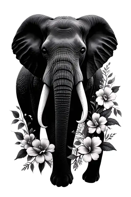 realistic African elephant head with flowers intertwined tattoo design idea