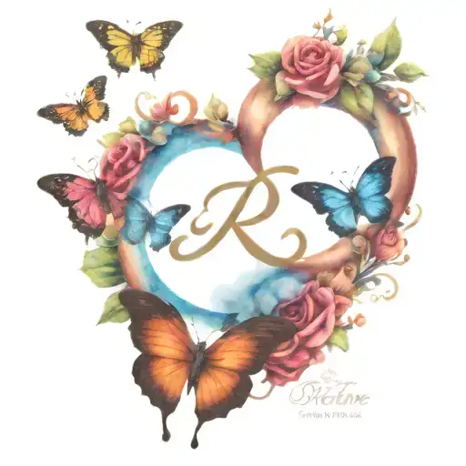 infinity sign, butterflies and roses with the word Rebaone tattoo design idea