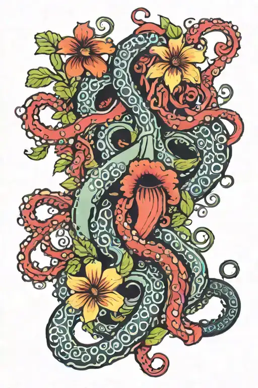 tentacles and flowers color tattoo design idea