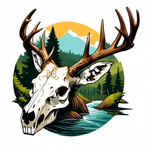 forest scene, river flowing deer skull with antlers tattoo design idea