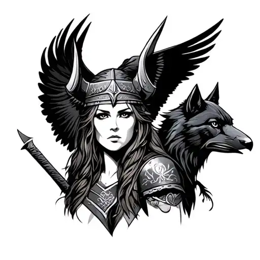 female viking warrior with raven and wolf surrounded tattoo design idea