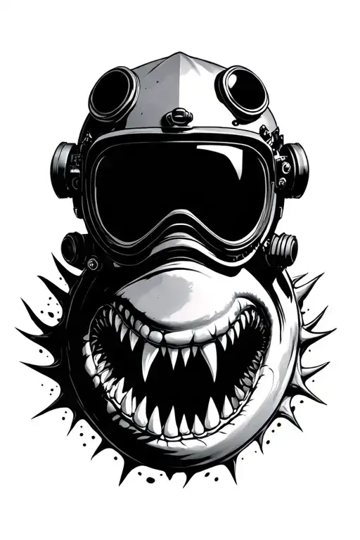 diver helmet engulfed in shark teeth tattoo design idea