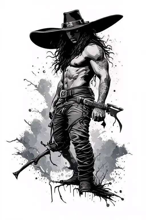 Black and grey realism lower-leg wrap-around tattoo sleeve with soft colour accents. A shadowed outlaw silhouette with a tattoo design idea