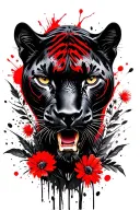 head of a black panther, wildflowers in the background black and white tattoo design idea
