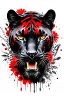head of a black panther, wildflowers in the background black and white tattoo design idea