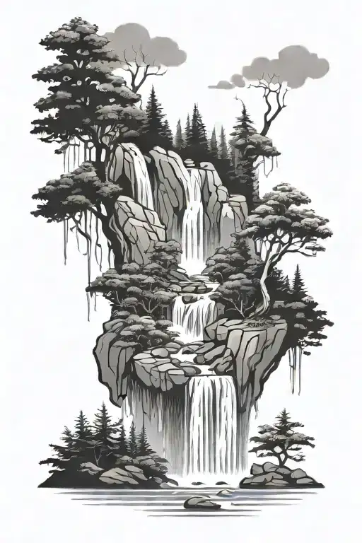 forest scene with waterfall flowing tattoo design idea