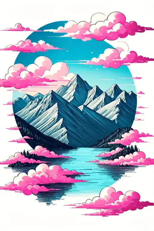 A serene landscape tattoo featuring pink clouds floating over majestic mountains, symbolizing the beauty of nature and the peacefulness of the sky tattoo design idea