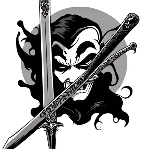 comedy and tragedy and hannya. comedy has a sword covering half of it with tragedy in the reflection tattoo design idea