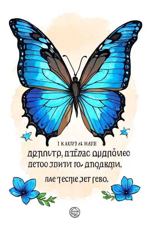 it says my doll in Greek writing with blue butterfly tattoo design idea