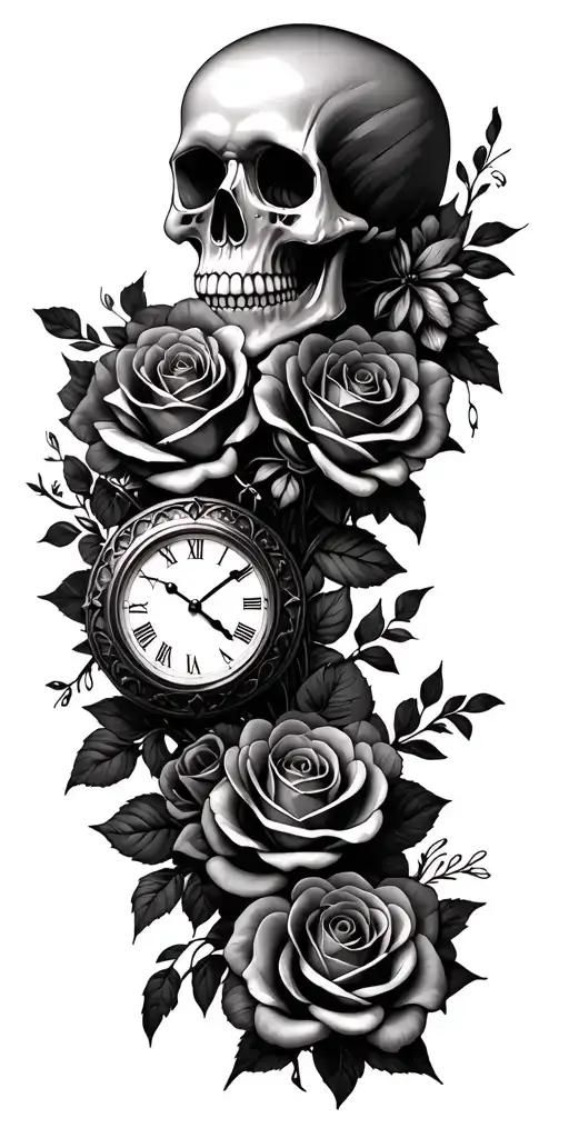 girly skull, roses and clock face tattoo design idea