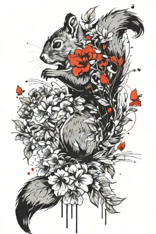 squirrel and flowers tattoo design idea