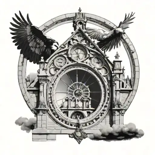 A realistic tattoo that intertwines the facade of Notre-Dame with the round window, the figure of Michael Jackson in tattoo design idea