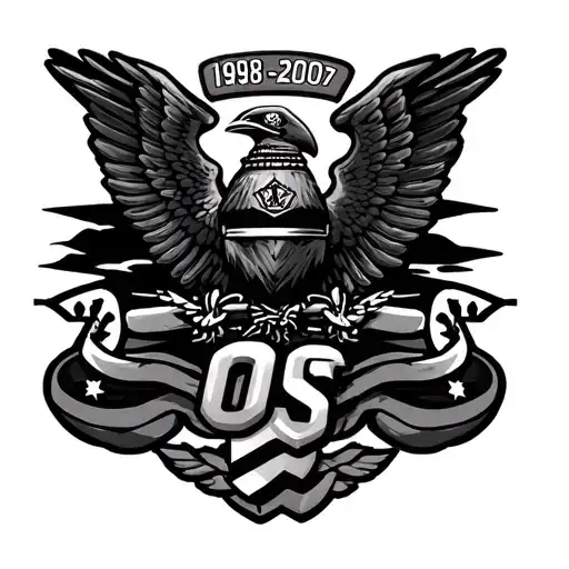 naval cruiser ship in the background, petty officer 1st class crow and chevron with OS in the middle and 1998-2007 tattoo design idea