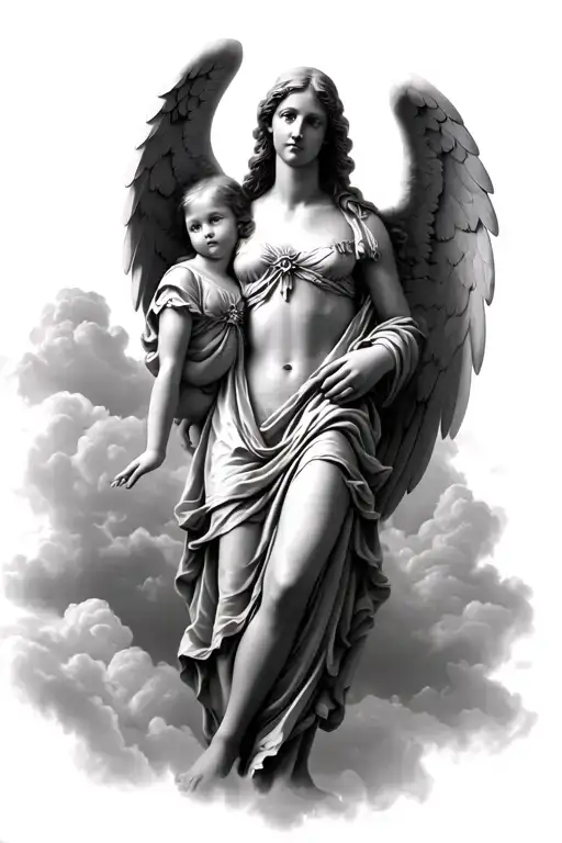 archangel raphael upper arm and as a guardian of two baby girls. Make it as we're in heaven so clouds as background  tattoo design idea