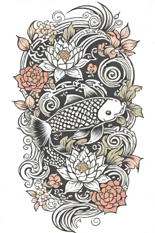 koi and lotus flower blooming tattoo design idea