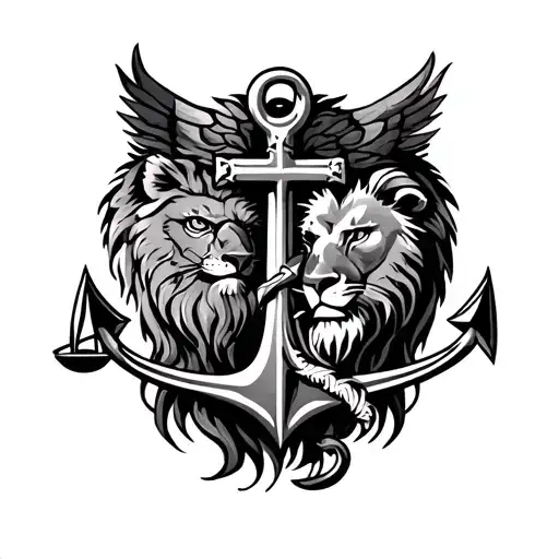 Lion, ohwl, anchor and justice in cross silhouete tattoo design idea
