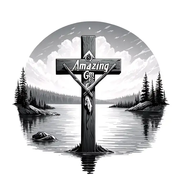 cross with words saying amazing grace with a lake behind it tattoo design idea